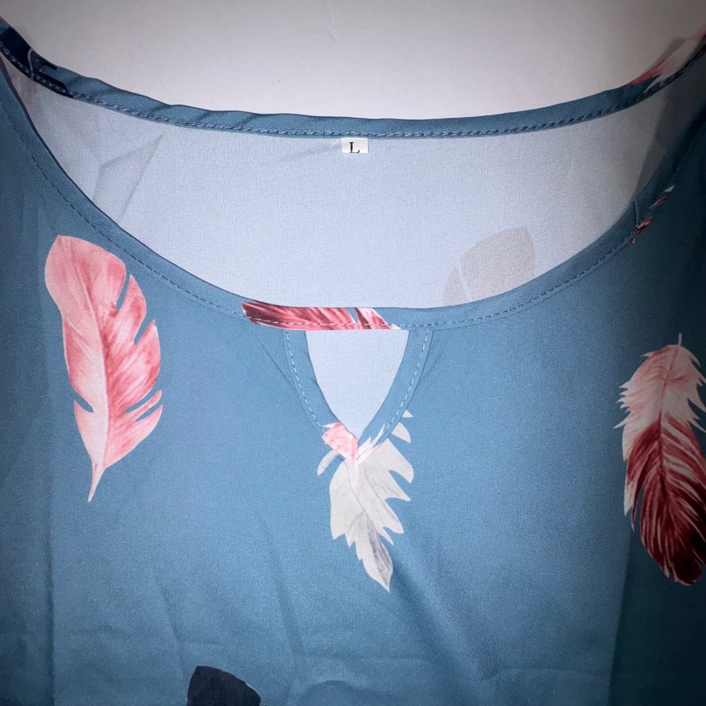 Womens Palm Grove Tropical Leaf Tank and Feather Print Top Bundle Blue Coral L - Picture 12 of 15